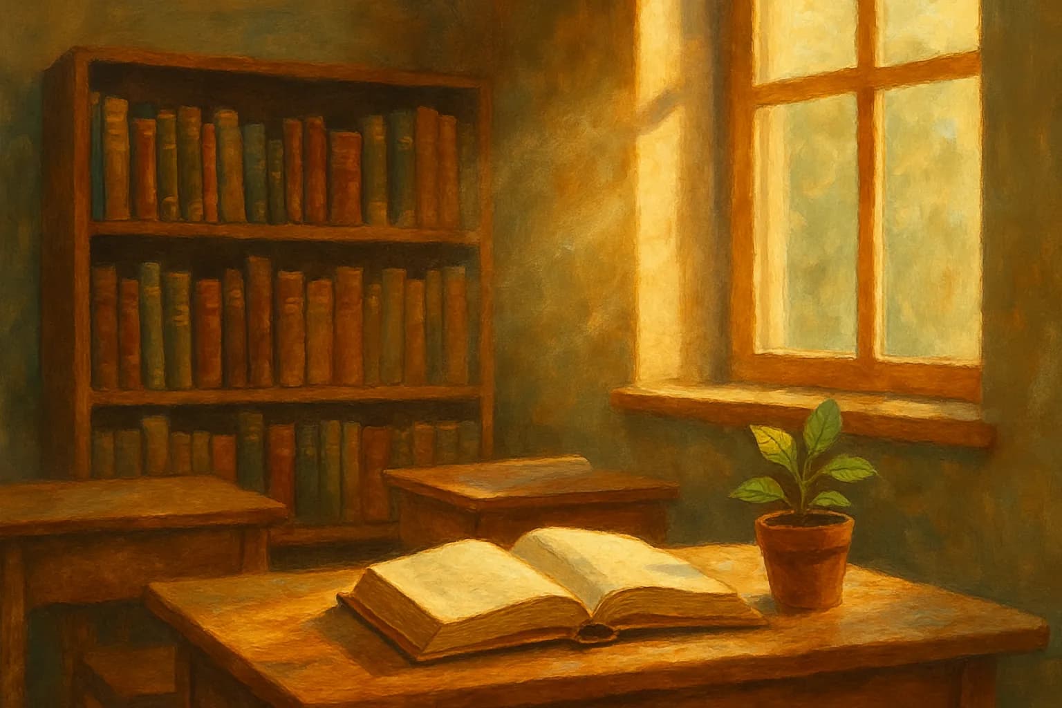 A sunlit classroom reading nook: a shelf of well-worn hardcover classic novels, an open book on a wooden desk, and a small potted plant beside a tall window.
