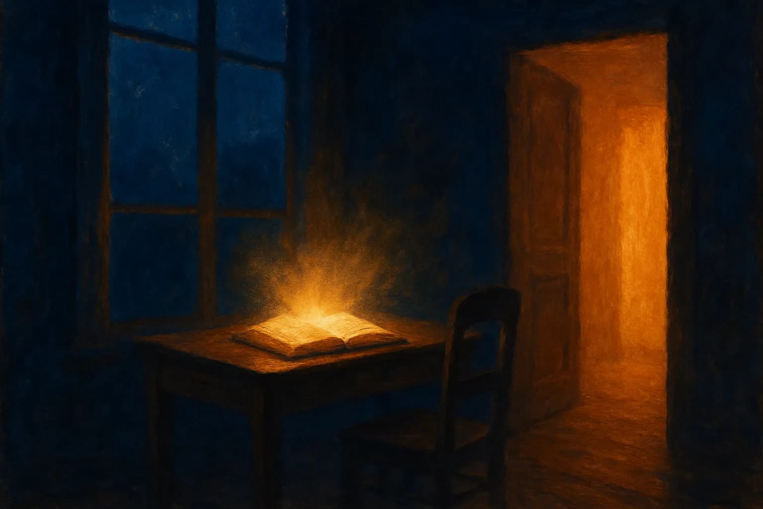 A writing desk by a tall night window in a dark blue room; an open book on the desk glows with light rising from its pages, and an open doorway beyond spills warm golden light.
