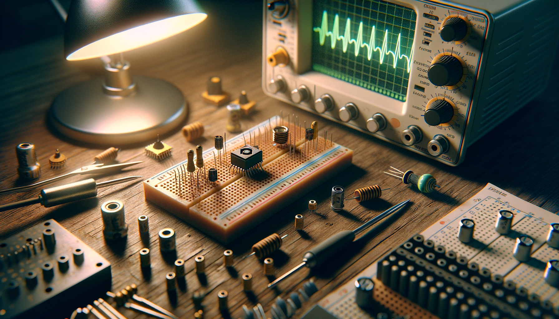 A breadboard with a variable capacitor, an inductor, and an oscilloscope probe clipped to a test point. The scope in the background shows a perfect sine wave.